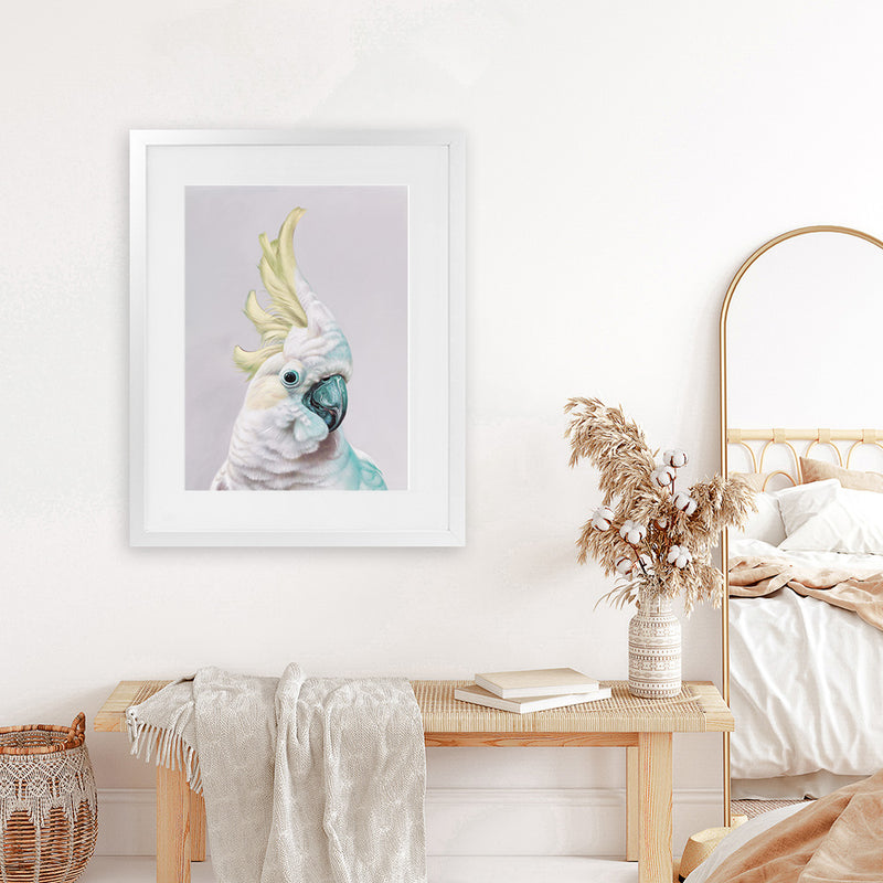 Shop Charlie The Cockatoo (Ice) Art Print-Animals, Baby Nursery, Birds, Pink, Portrait, Tropical, View All, White, Yellow-framed painted poster wall decor artwork
