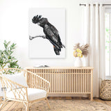 Shop George The Black Cockatoo (White) Canvas Art Print-Animals, Baby Nursery, Birds, Black, Portrait, Rectangle, View All, White-framed wall decor artwork