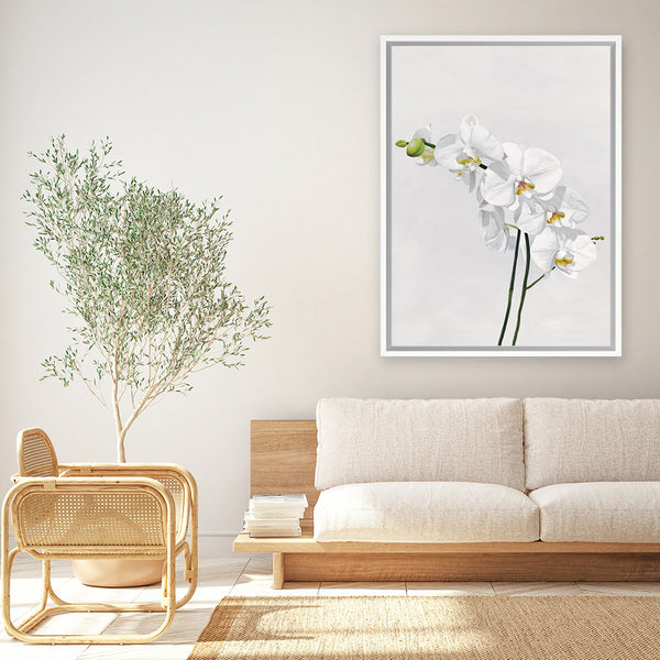 Shop White Orchid Stems Canvas Art Print-Botanicals, Florals, Portrait, Rectangle, View All, White-framed wall decor artwork