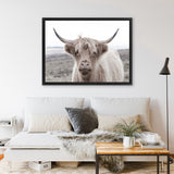 Shop Highland Cow II Photo Canvas Art Print-Animals, Grey, Horizontal, Landscape, Neutrals, Photography, Photography Canvas Prints, Rectangle, View All-framed wall decor artwork