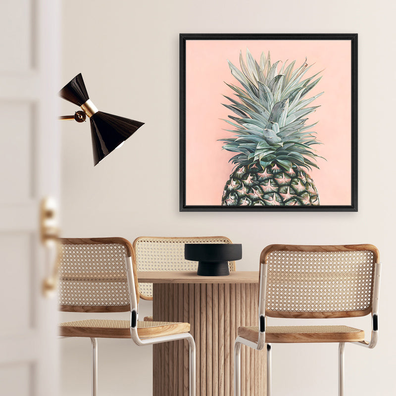 Shop Pink Pineapple (Square) Canvas Art Print-Green, Orange, Square, Tropical, View All, Yellow-framed wall decor artwork