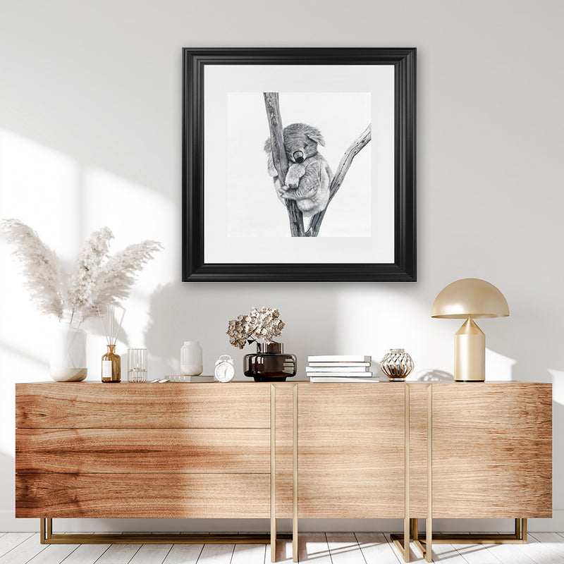 Shop Sleeping Koala (Square) Art Print-Animals, Grey, Square, View All, White-framed painted poster wall decor artwork