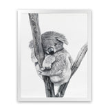 Shop Sleeping Koala Art Print-Animals, Baby Nursery, Black, Grey, Portrait, View All, White-framed painted poster wall decor artwork