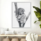 Shop Sleeping Koala Canvas Art Print-Animals, Baby Nursery, Black, Grey, Portrait, View All, White-framed wall decor artwork