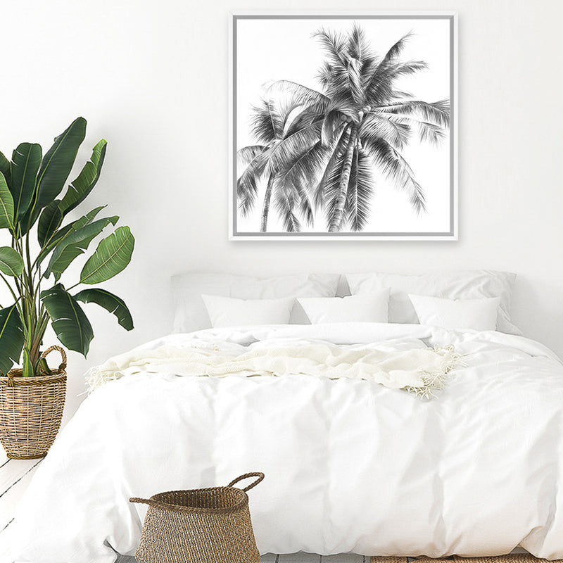 Shop Summer Palms I B&W (Square) Canvas Art Print-Black, Grey, Square, Tropical, View All, White-framed wall decor artwork