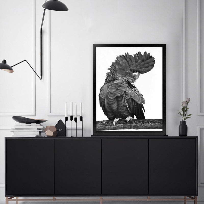 Shop Theo The Black Cockatoo (B&W) Art Print-Animals, Birds, Black, Portrait, Rectangle, View All-framed painted poster wall decor artwork
