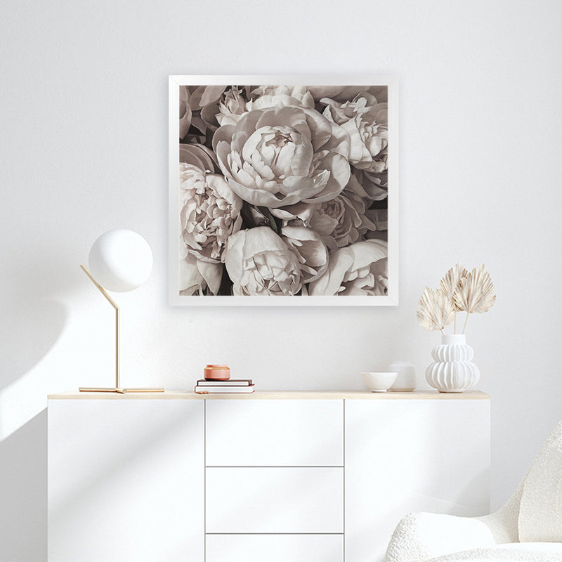 Shop White Peony Buds (Square) Art Print-Botanicals, Florals, Neutrals, Square, View All, White-framed painted poster wall decor artwork