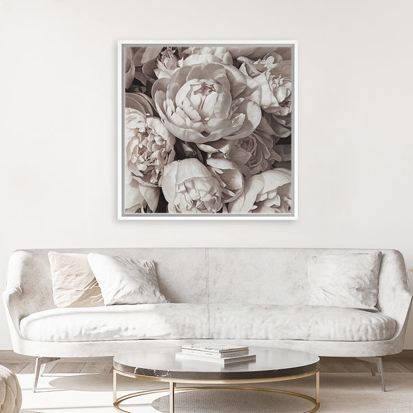 Shop White Peony Buds (Square) Canvas Art Print-Botanicals, Florals, Neutrals, Square, View All, White-framed wall decor artwork