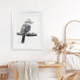 Shop Kookaburra On A Branch Art Print-Animals, Birds, Black, Grey, Portrait, Rectangle, View All-framed painted poster wall decor artwork