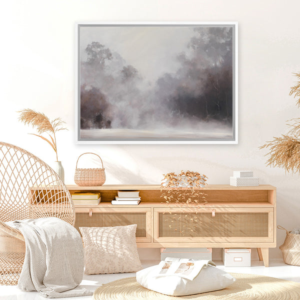 Shop Misty Morning Canvas Art Print-Brown, Grey, Landscape, Scandinavian, View All-framed wall decor artwork