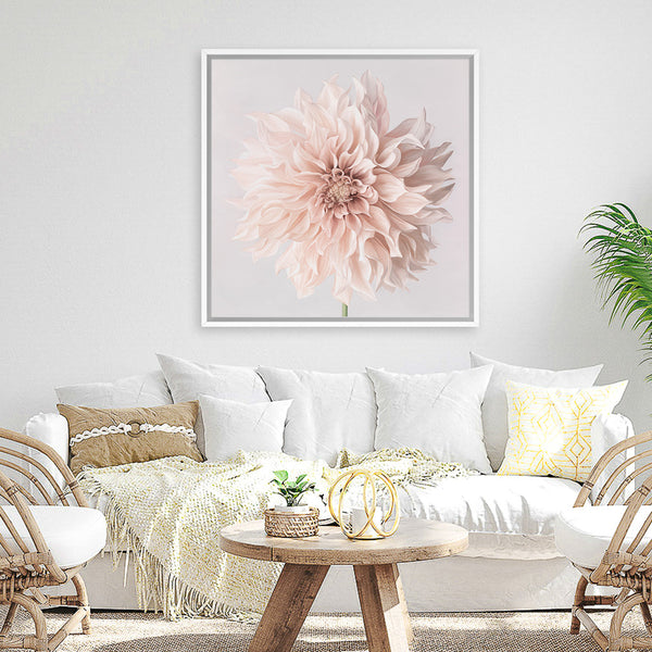 Shop Pastel Peach Dahlia Flower (Square) Canvas Art Print-Botanicals, Florals, Neutrals, Pink, Square, View All-framed wall decor artwork