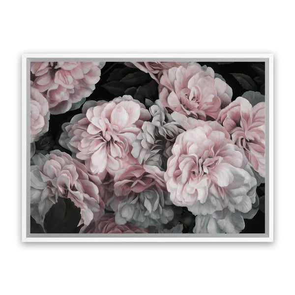 Shop Pink Blooms II Canvas Art Print-Black, Botanicals, Florals, Horizontal, Landscape, Pink, Rectangle, View All-framed wall decor artwork