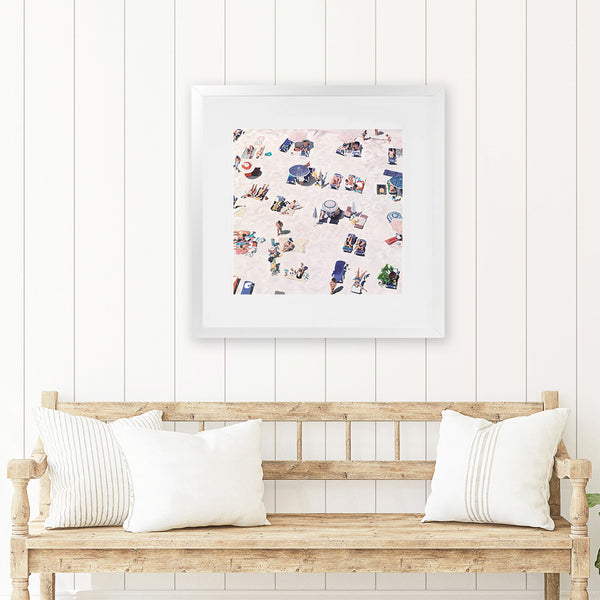 Shop Beach Bathers (Square) Art Print-Coastal, Neutrals, People, Pink, Square, Tropical, View All-framed painted poster wall decor artwork
