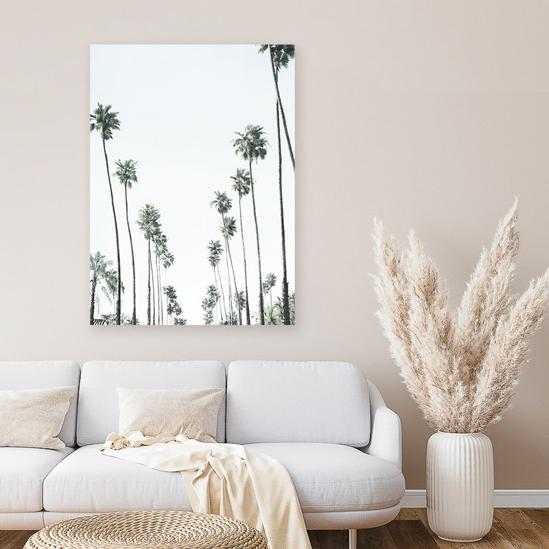 Shop California Palms II Canvas Art Print-Botanicals, Coastal, Green, Portrait, Tropical, View All, White-framed wall decor artwork
