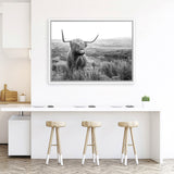 Shop Highland Cow B&W Photo Canvas Art Print-Animals, Black, Grey, Horizontal, Landscape, Photography, Photography Canvas Prints, Rectangle, View All, White-framed wall decor artwork
