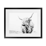 Shop Lone Highland Cow B&W Photo Art Print-Animals, Black, Horizontal, Landscape, Photography, Rectangle, View All, White-framed poster wall decor artwork