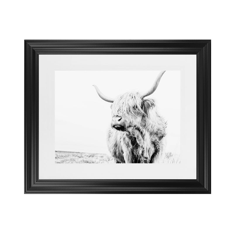 Shop Lone Highland Cow B&W Photo Art Print-Animals, Black, Horizontal, Landscape, Photography, Rectangle, View All, White-framed poster wall decor artwork