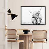 Shop Lone Highland Cow B&W Photo Canvas Art Print-Animals, Black, Horizontal, Landscape, Photography, Photography Canvas Prints, Rectangle, View All, White-framed wall decor artwork