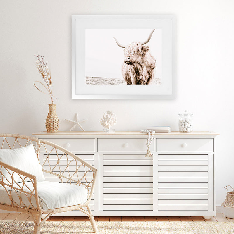 Shop Lone Highland Cow Photo Art Print-Animals, Horizontal, Landscape, Neutrals, Photography, Rectangle, View All-framed poster wall decor artwork