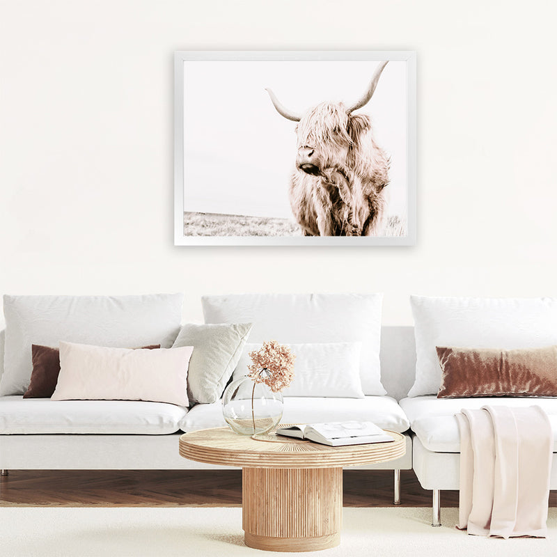 Shop Lone Highland Cow Photo Art Print-Animals, Horizontal, Landscape, Neutrals, Photography, Rectangle, View All-framed poster wall decor artwork