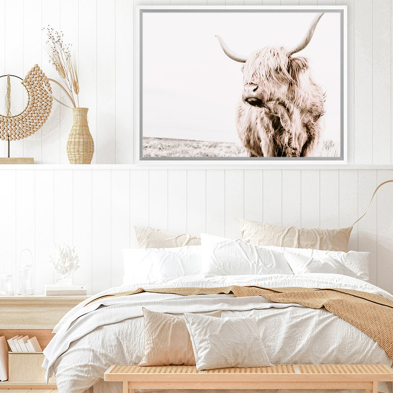 Shop Lone Highland Cow Photo Canvas Art Print-Animals, Horizontal, Landscape, Neutrals, Photography, Photography Canvas Prints, Rectangle, View All-framed wall decor artwork