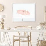 Shop Pink Parasol Photo Art Print-Boho, Coastal, Horizontal, Landscape, Photography, Pink, Rectangle, View All, White-framed poster wall decor artwork