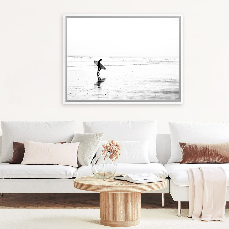 Shop Lone Surfer Photo Canvas Art Print-Coastal, Horizontal, Landscape, People, Photography, Photography Canvas Prints, Rectangle, View All, White-framed wall decor artwork