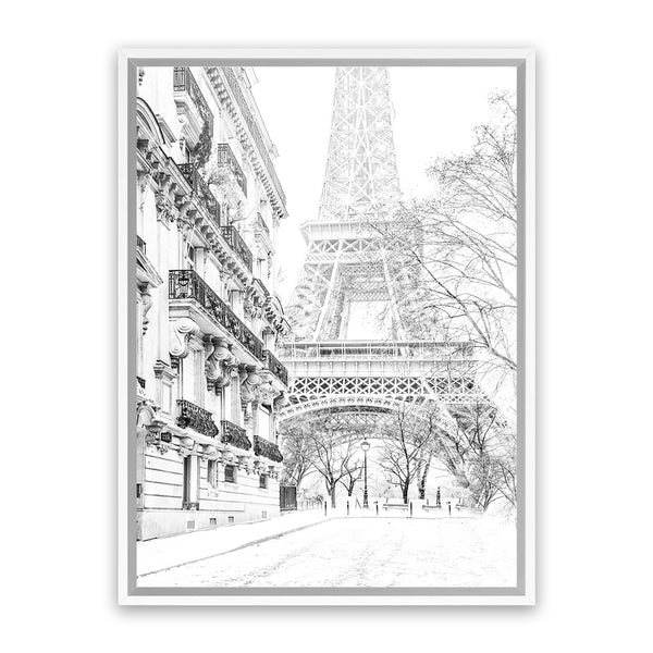 Shop Winter In Paris B&W Photo Canvas Print-Black, Hamptons, Photography Canvas Prints, Portrait, View All, White-framed wall decor artwork