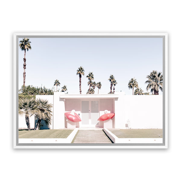 Shop Palm Springs Pink Door Photo Canvas Art Print-Boho, Green, Landscape, Photography, Photography Canvas Prints, Pink, Tropical, View All-framed wall decor artwork