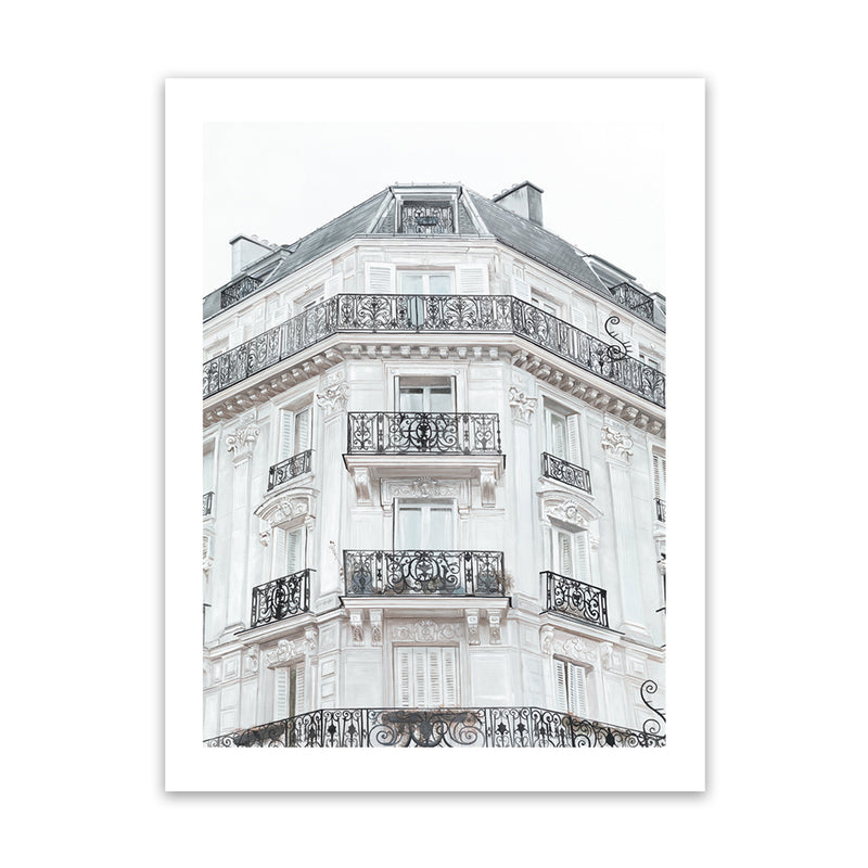 Shop Paris Building I Art Print-Grey, Hamptons, Portrait, View All, White-framed painted poster wall decor artwork