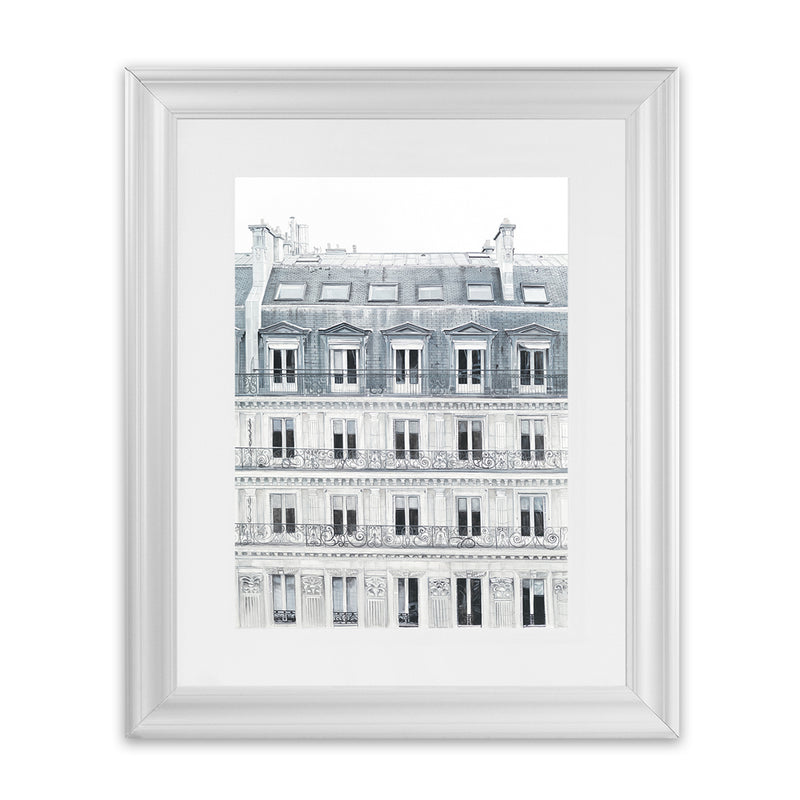 Shop Paris Building II Art Print-Grey, Hamptons, Portrait, View All, White-framed painted poster wall decor artwork