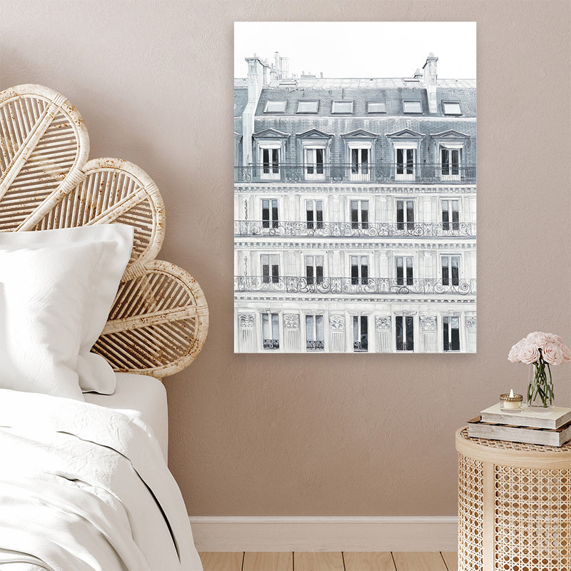 Shop Paris Building II Canvas Art Print-Grey, Hamptons, Portrait, View All, White-framed wall decor artwork