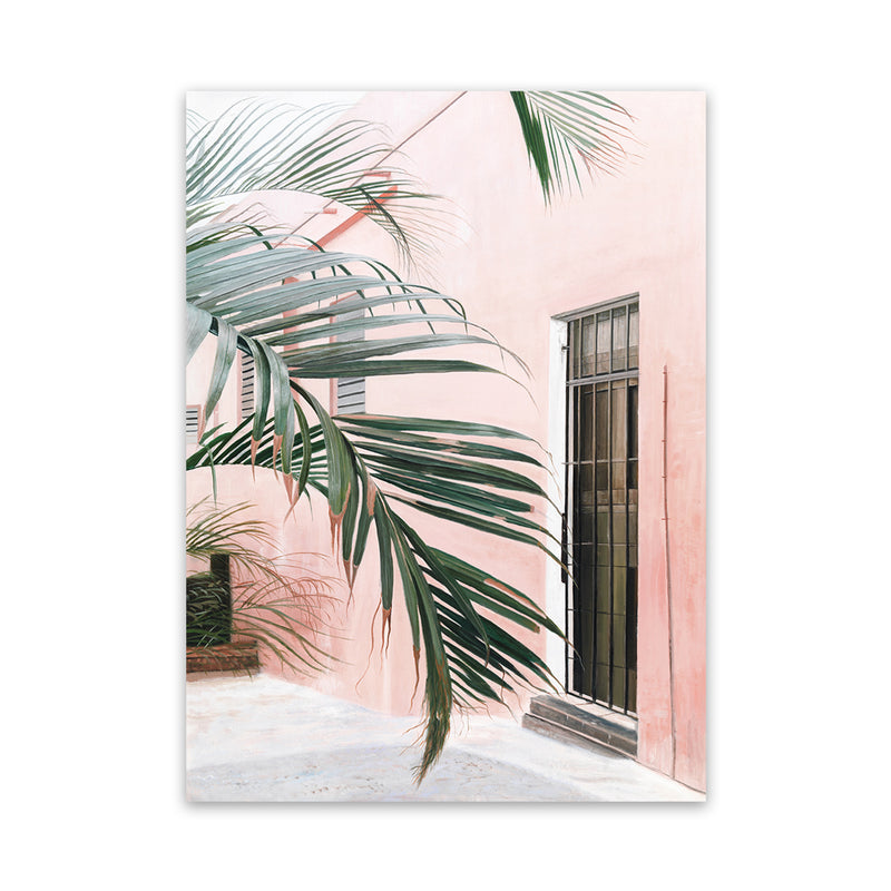 Shop Palm Doorway I Canvas Art Print-Boho, Coastal, Green, Pink, Portrait, Tropical, View All-framed wall decor artwork