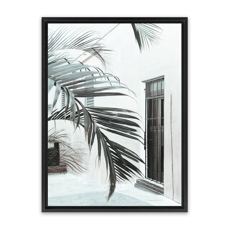 Shop Palm Doorway II Canvas Art Print-Boho, Coastal, Green, Portrait, Tropical, View All, White-framed wall decor artwork