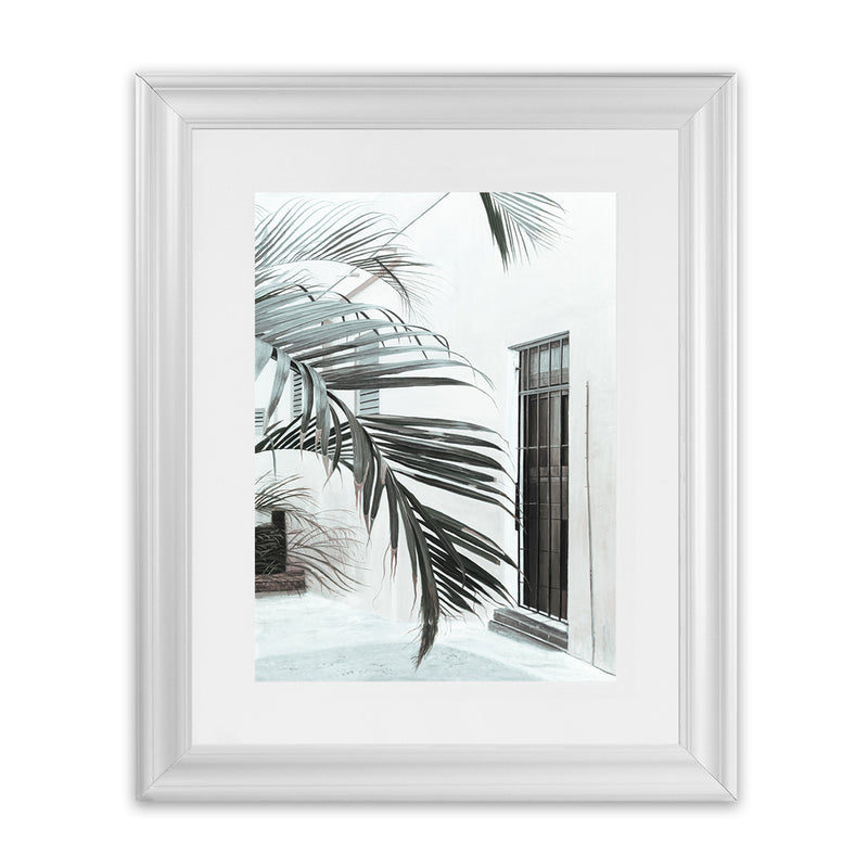 Shop Palm Doorway II Art Print-Boho, Coastal, Green, Portrait, Tropical, View All, White-framed painted poster wall decor artwork
