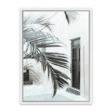 Shop Palm Doorway II Canvas Art Print-Boho, Coastal, Green, Portrait, Tropical, View All, White-framed wall decor artwork
