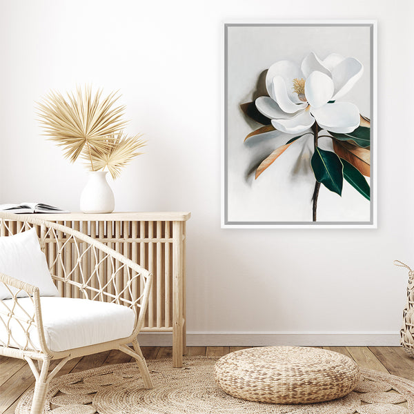 Shop White Magnolia I Canvas Art Print-Florals, Hamptons, Portrait, View All, White-framed wall decor artwork