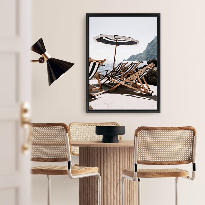 Shop Fontelina Chairs III Photo Canvas Art Print-Amalfi Coast Italy, Blue, Brown, Coastal, Photography, Photography Canvas Prints, Portrait, View All-framed wall decor artwork