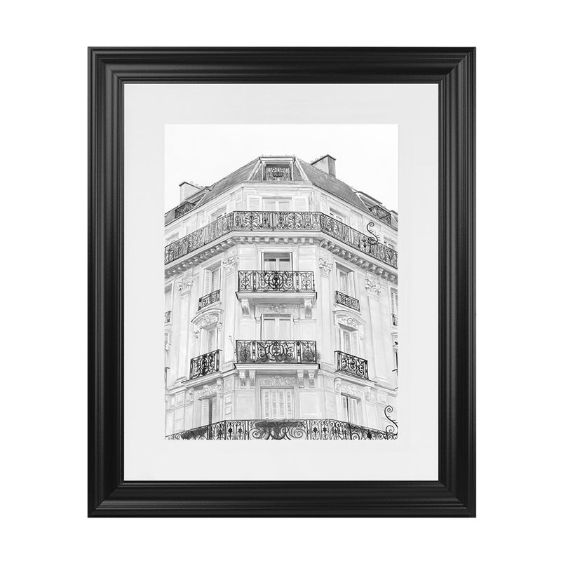 Shop Paris Building B&W I Art Print-Black, Grey, Hamptons, Portrait, Rectangle, View All, White-framed painted poster wall decor artwork