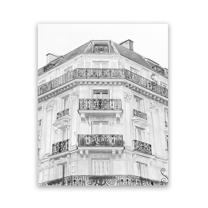 Shop Paris Building B&W I Art Print-Black, Grey, Hamptons, Portrait, Rectangle, View All, White-framed painted poster wall decor artwork