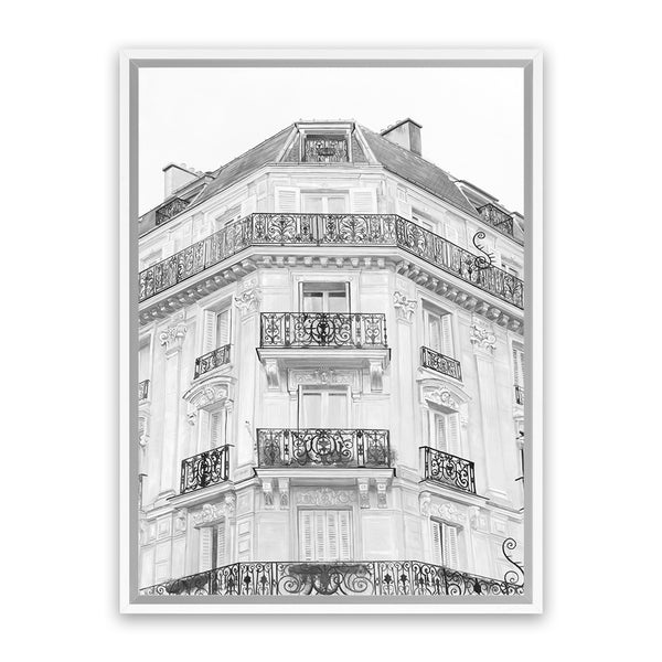 Shop Paris Building B&W I Canvas Art Print-Black, Grey, Hamptons, Portrait, Rectangle, View All, White-framed wall decor artwork