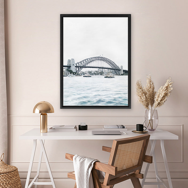 Shop Sydney Harbour Bridge Canvas Art Print-Coastal, Grey, Portrait, Rectangle, View All, White-framed wall decor artwork