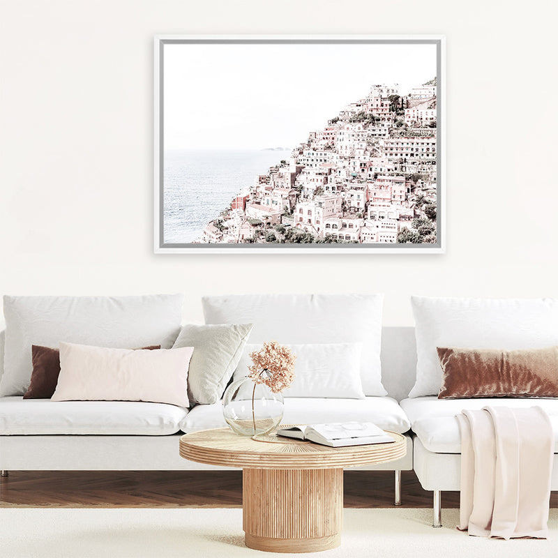 Shop Positano I Photo Canvas Art Print-Amalfi Coast Italy, Coastal, Landscape, Photography, Photography Canvas Prints, Pink, View All, White-framed wall decor artwork