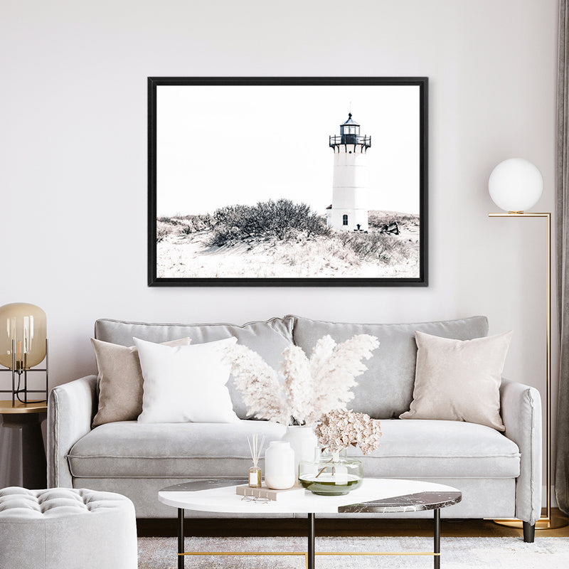 Shop Cape Cod Lighthouse II Photo Canvas Print-Black, Coastal, Hamptons, Landscape, Photography Canvas Prints, View All, White-framed wall decor artwork
