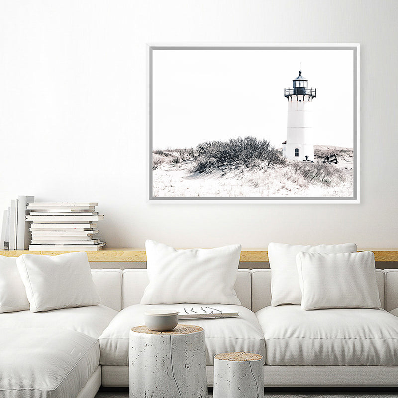 Shop Cape Cod Lighthouse II Photo Canvas Print-Black, Coastal, Hamptons, Landscape, Photography Canvas Prints, View All, White-framed wall decor artwork