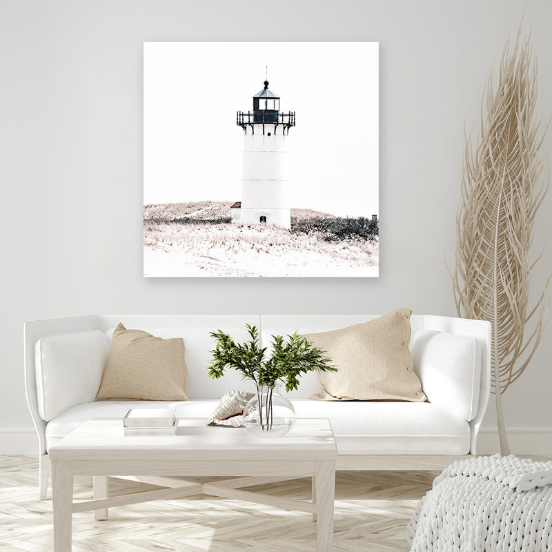 Shop Cape Cod Lighthouse I (Square) Photo Canvas Art Print-Coastal, Hamptons, Neutrals, Photography, Photography Canvas Prints, Square, View All, White-framed wall decor artwork