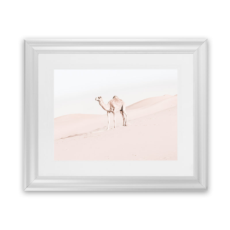 Shop Lone Camel Photo Art Print-Animals, Baby Nursery, Boho, Landscape, Moroccan Days, Neutrals, Photography, Pink, View All-framed poster wall decor artwork