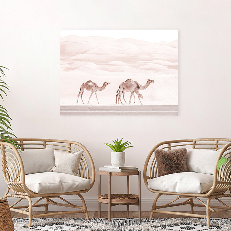 Shop Camel Highway Photo Canvas Art Print-Animals, Boho, Landscape, Moroccan Days, Photography, Photography Canvas Prints, Pink, View All-framed wall decor artwork