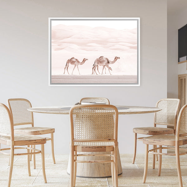 Shop Camel Highway Photo Canvas Art Print-Animals, Boho, Landscape, Moroccan Days, Photography, Photography Canvas Prints, Pink, View All-framed wall decor artwork