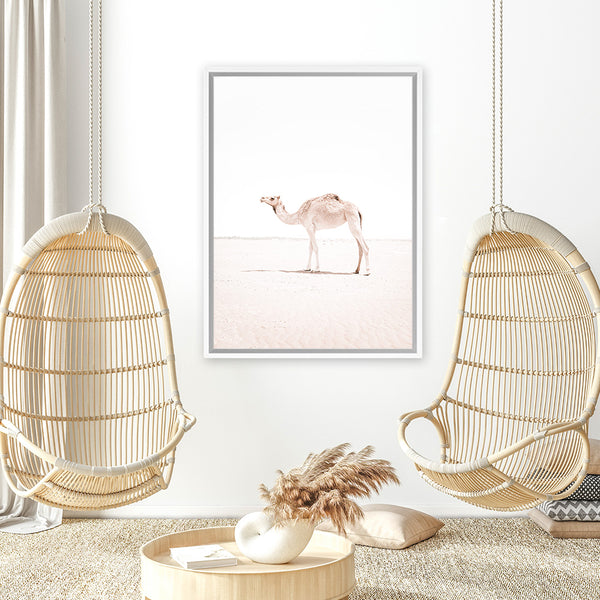 Shop Lone Camel III Photo Canvas Art Print-Animals, Baby Nursery, Boho, Moroccan Days, Photography, Photography Canvas Prints, Pink, Portrait, View All, White-framed wall decor artwork